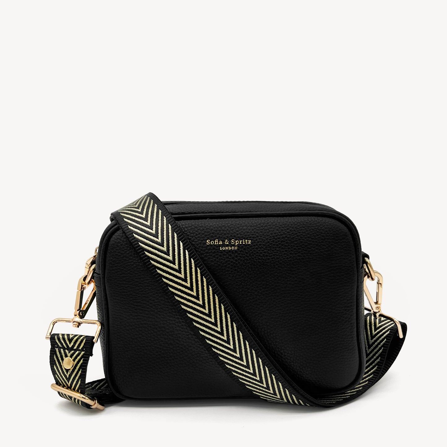 Correa premium en negro y dorado con patrón en chevron - elegante y sofisticada