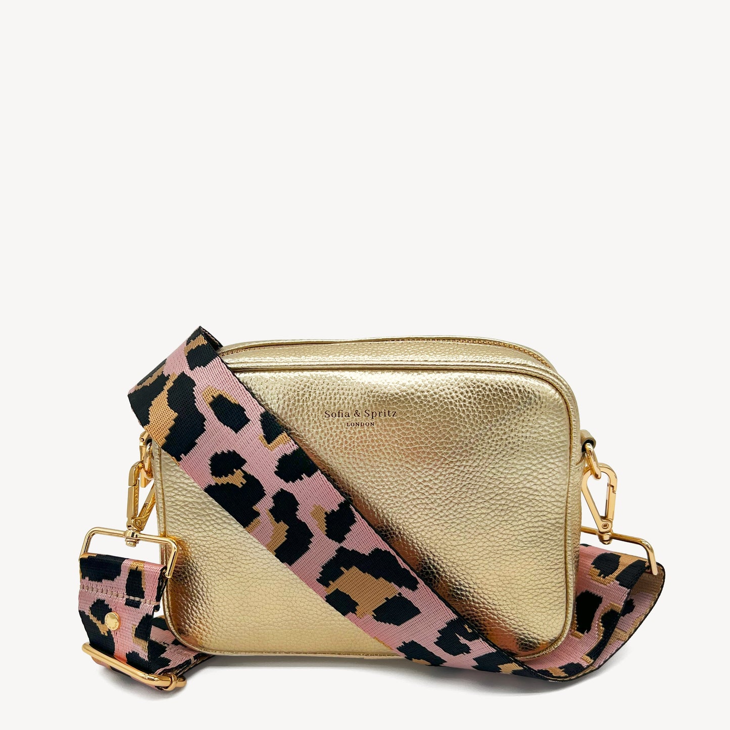 Correa elegante rosa pálido y dorado con estampado de leopardo
