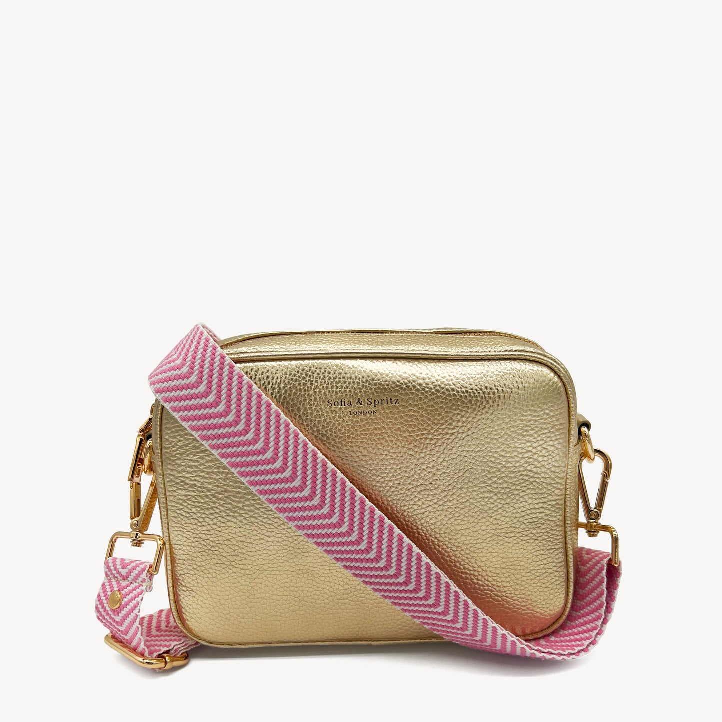 Correa elegante en rosa pálido y blanco con patrón chevron