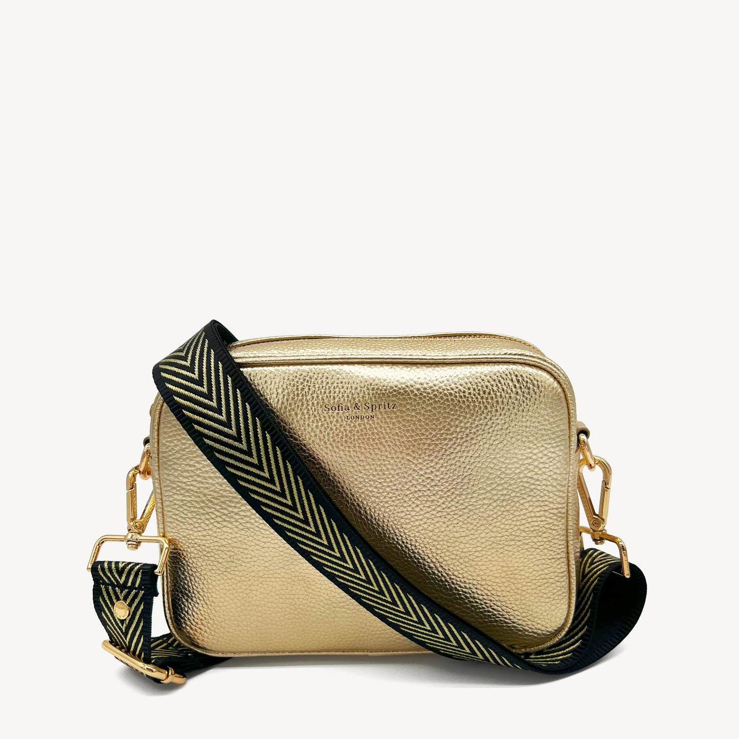 Correa premium en negro y dorado con patrón en chevron - elegante y sofisticada