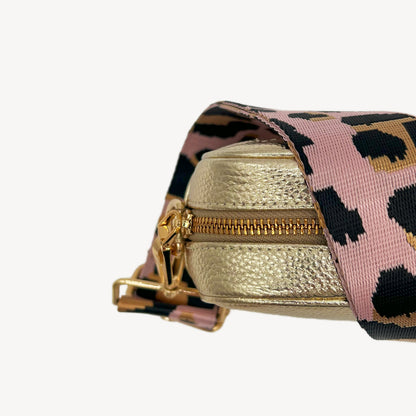 Correa elegante rosa pálido y dorado con estampado de leopardo