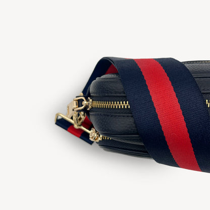 Correa de rayas azul marino y rojas — estilo audaz y clásico a rayas