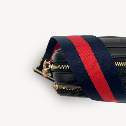 Correa de rayas azul marino y rojas — estilo audaz y clásico a rayas