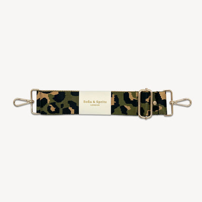 Correa de lujo verde oliva y dorada con estampado de leopardo