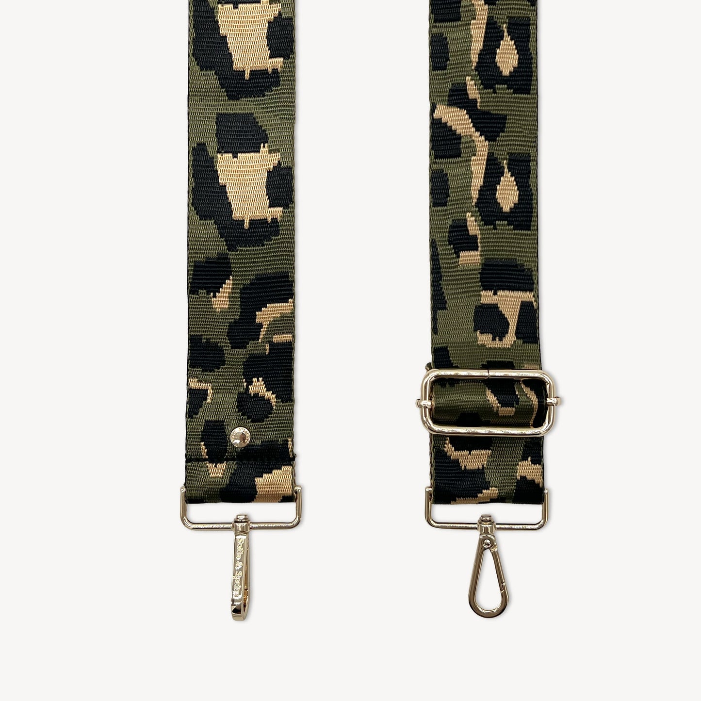 Correa de lujo verde oliva y dorada con estampado de leopardo