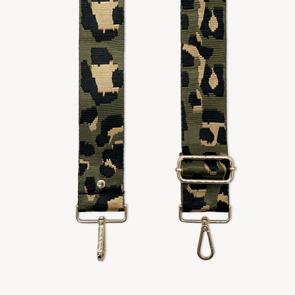 Correa de lujo verde oliva y dorada con estampado de leopardo