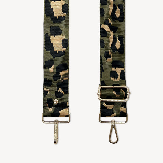 Correa de lujo verde oliva y dorada con estampado de leopardo