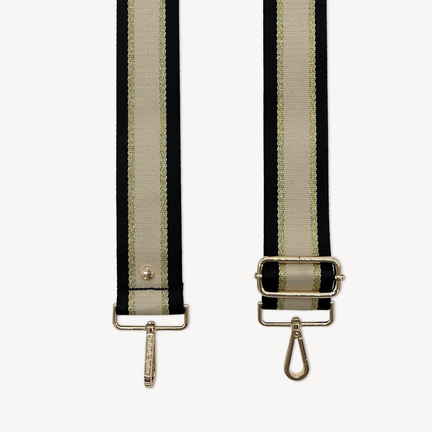 Correa elegante de rayas negras, beige y doradas