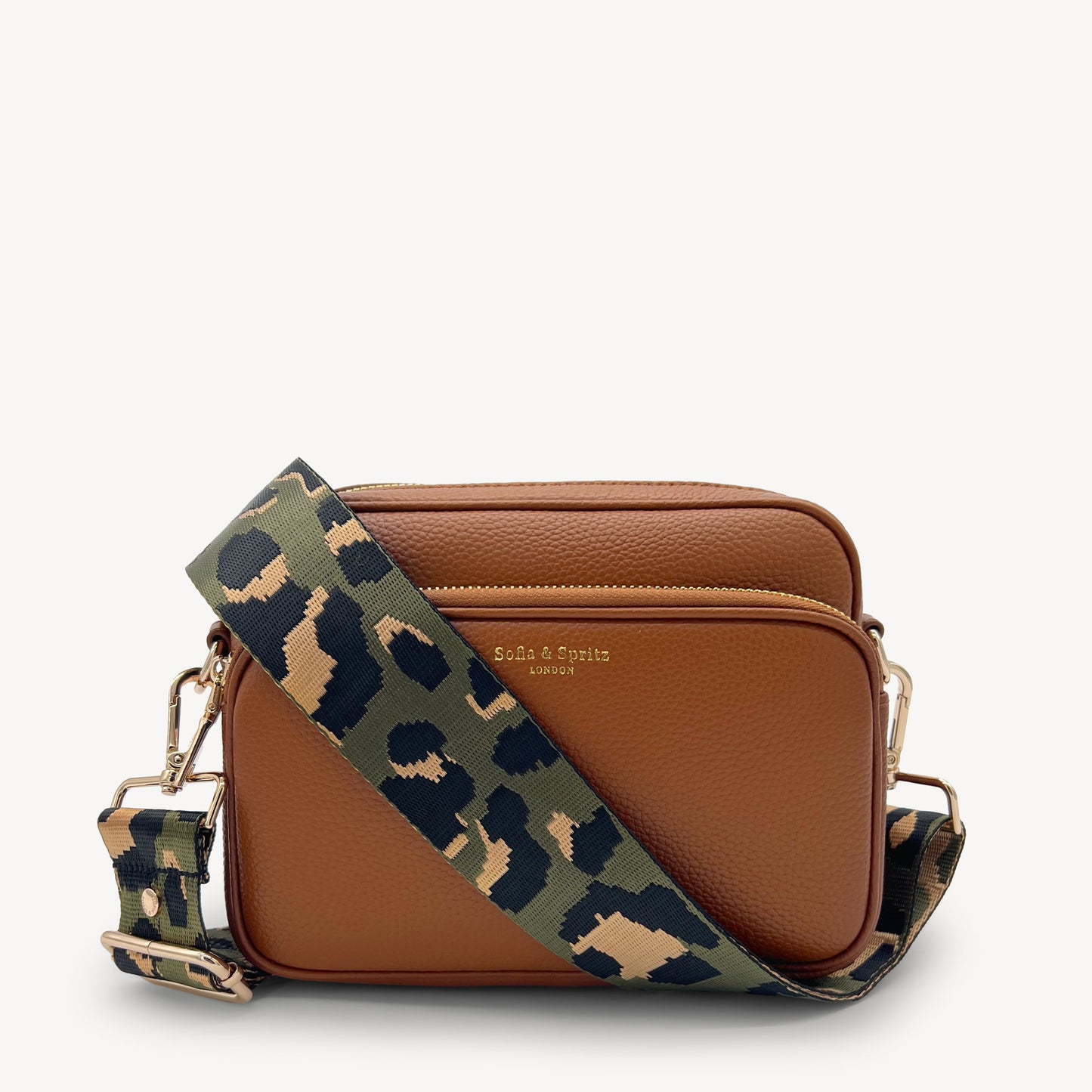 Correa de lujo verde oliva y dorada con estampado de leopardo