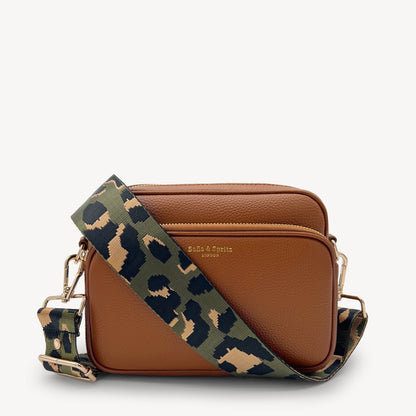 Correa de lujo verde oliva y dorada con estampado de leopardo