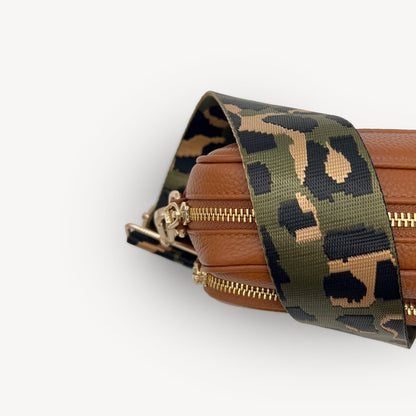Correa de lujo verde oliva y dorada con estampado de leopardo