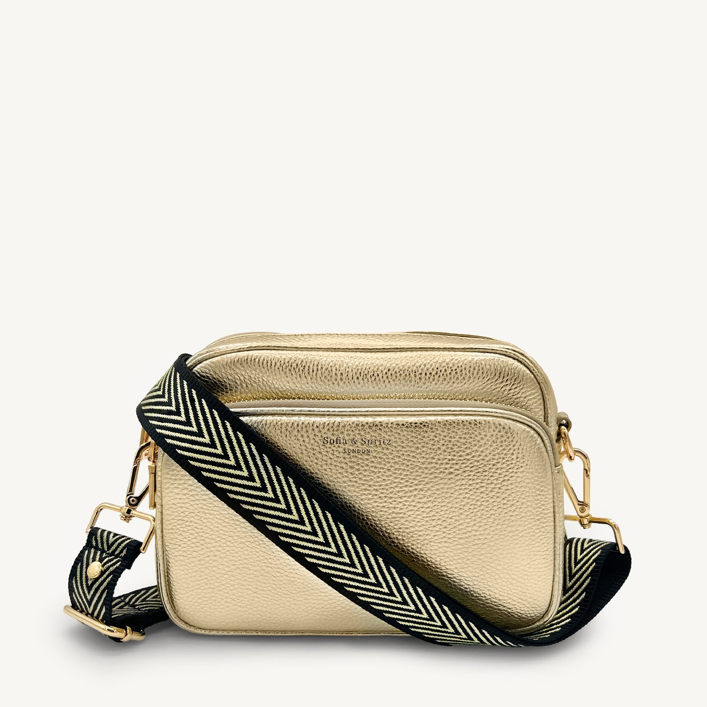 Correa premium en negro y dorado con patrón en chevron - elegante y sofisticada