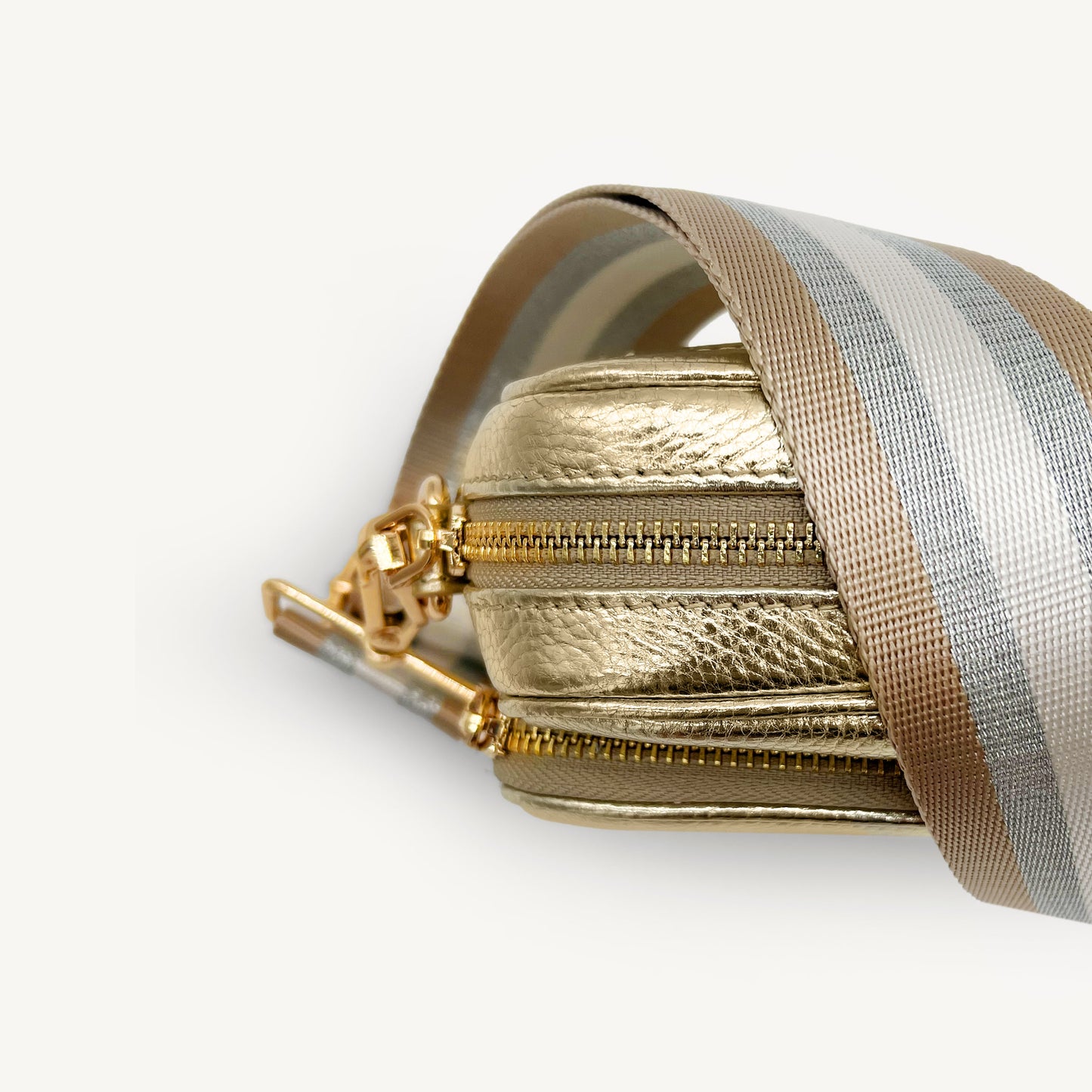 Correa a rayas champán y plata — accesorio lujoso y elegante
