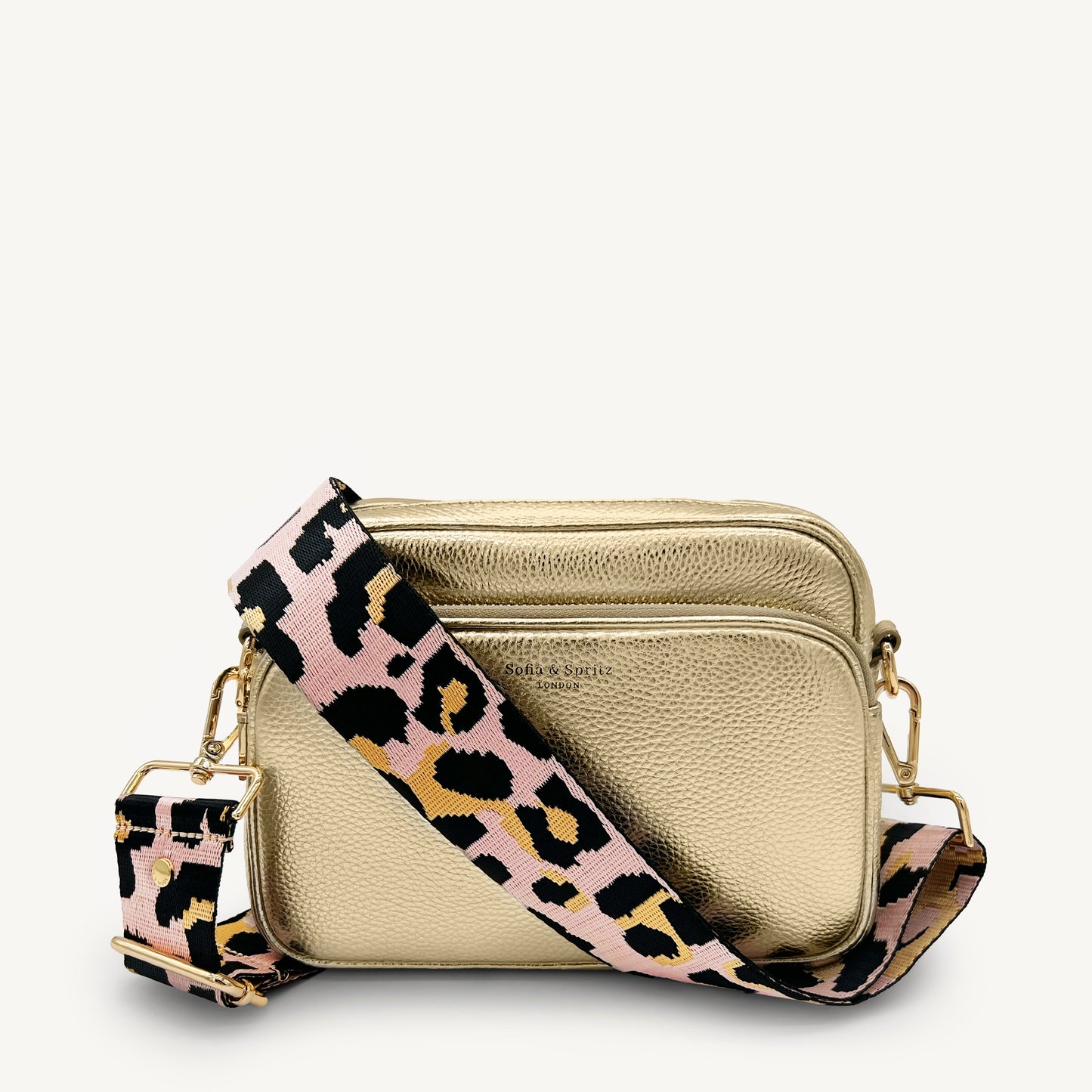 Correa elegante rosa pálido y dorado con estampado de leopardo