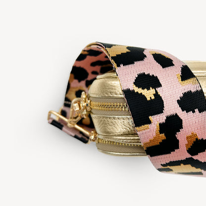 Correa elegante rosa pálido y dorado con estampado de leopardo