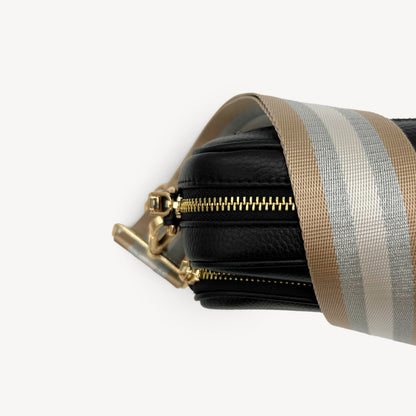 Correa a rayas champán y plata — accesorio lujoso y elegante