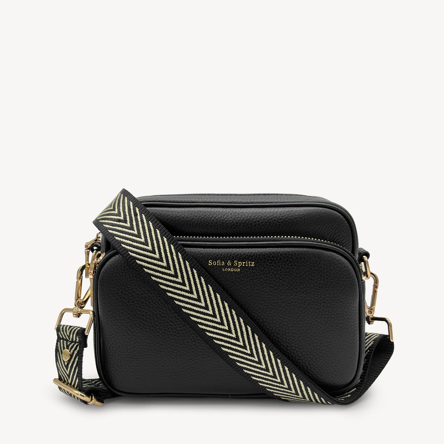 Correa premium en negro y dorado con patrón en chevron - elegante y sofisticada