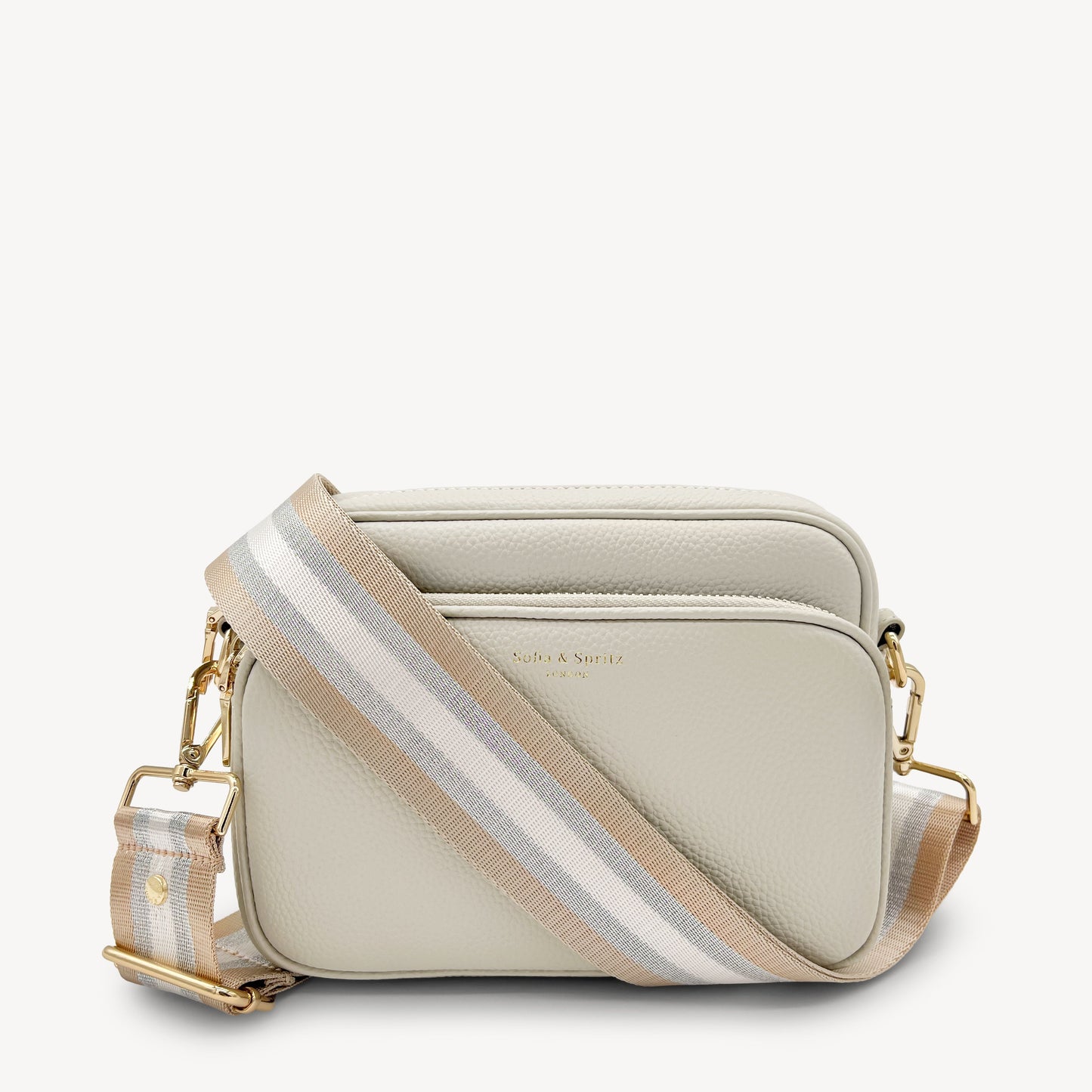 Correa a rayas champán y plata — accesorio lujoso y elegante