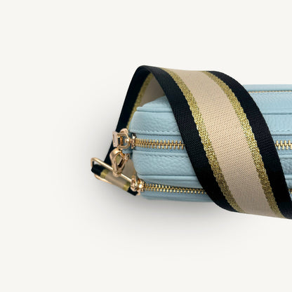 Correa elegante de rayas negras, beige y doradas