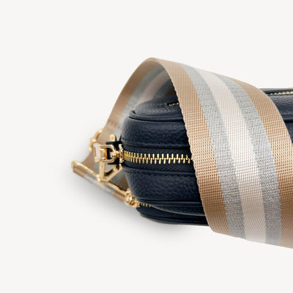 Correa a rayas champán y plata — accesorio lujoso y elegante