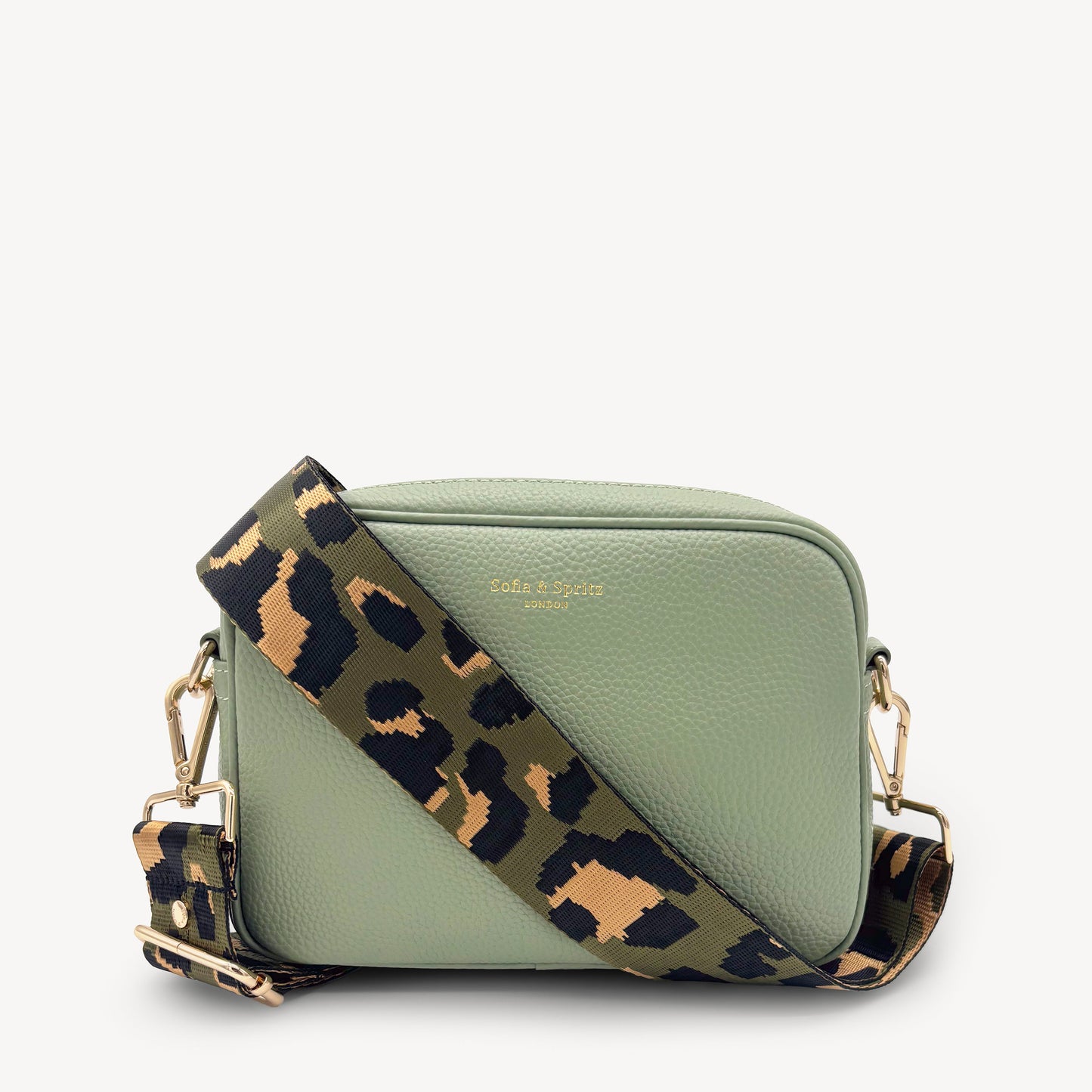 Correa de lujo verde oliva y dorada con estampado de leopardo