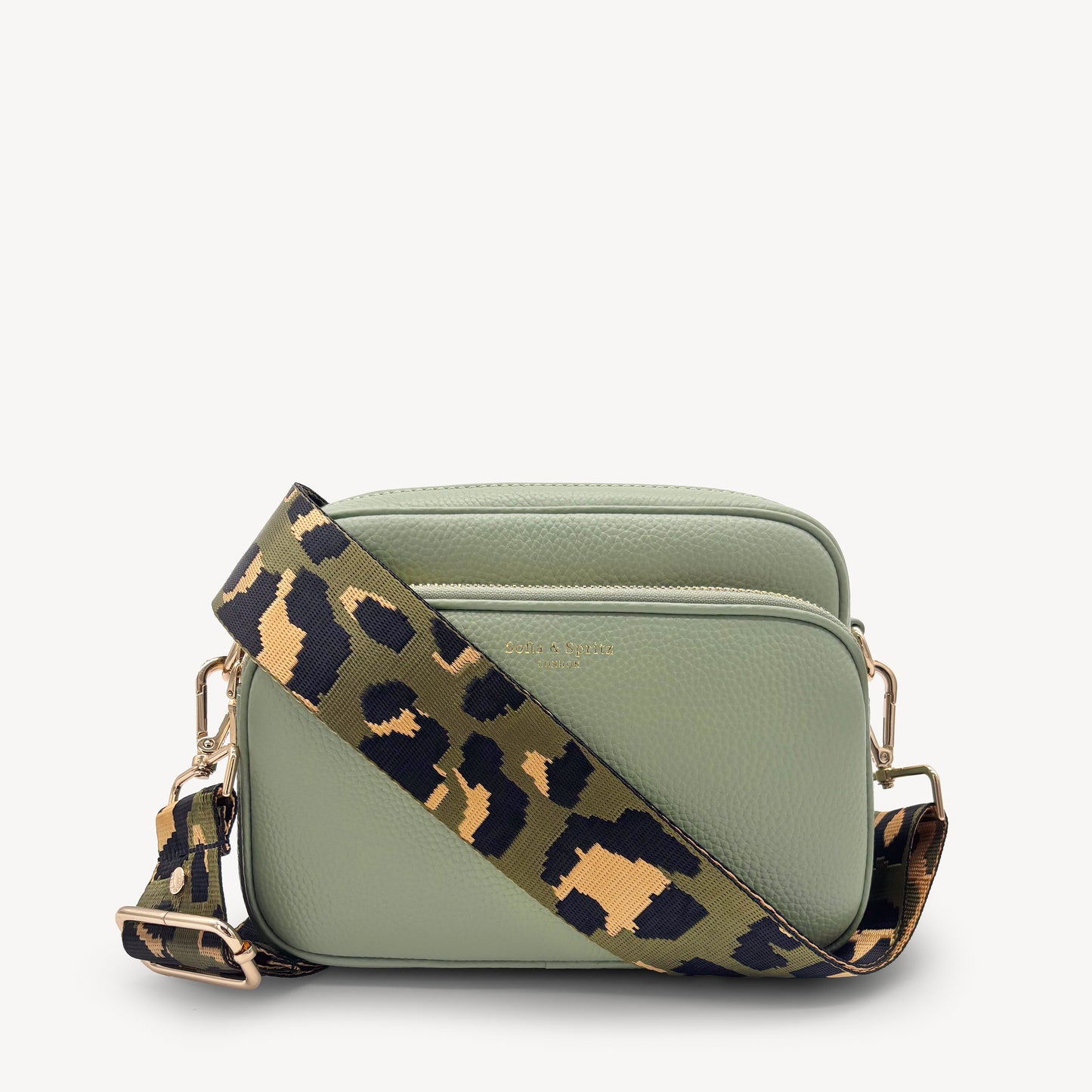 Correa de lujo verde oliva y dorada con estampado de leopardo
