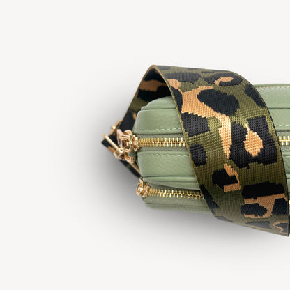 Correa de lujo verde oliva y dorada con estampado de leopardo
