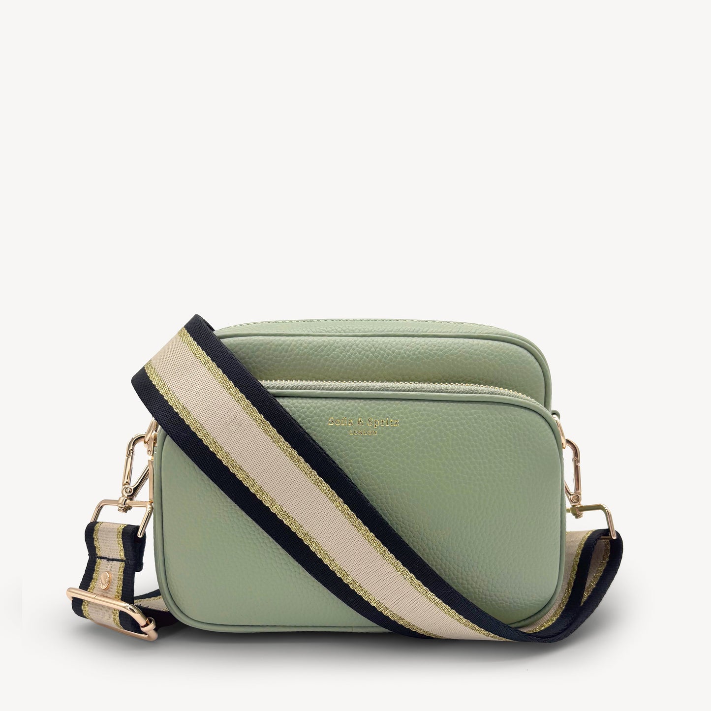 Correa elegante de rayas negras, beige y doradas