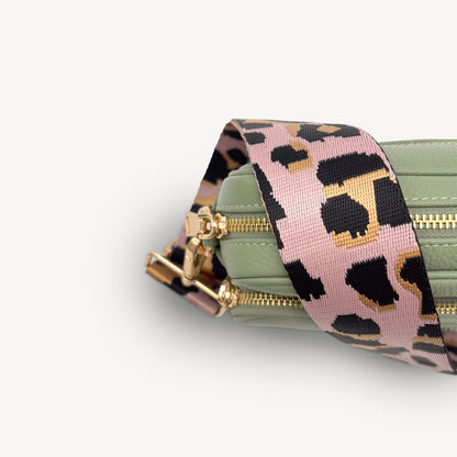 Correa elegante rosa pálido y dorado con estampado de leopardo