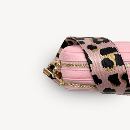 Correa elegante rosa pálido y dorado con estampado de leopardo