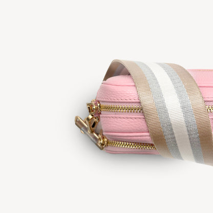 Correa a rayas champán y plata — accesorio lujoso y elegante