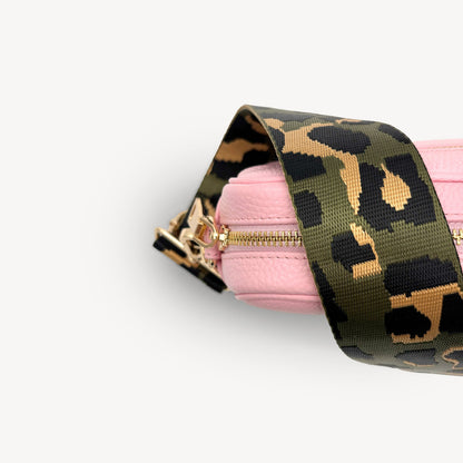 Correa de lujo verde oliva y dorada con estampado de leopardo