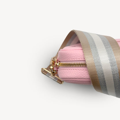 Correa a rayas champán y plata — accesorio lujoso y elegante