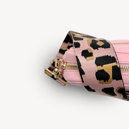 Correa elegante rosa pálido y dorado con estampado de leopardo