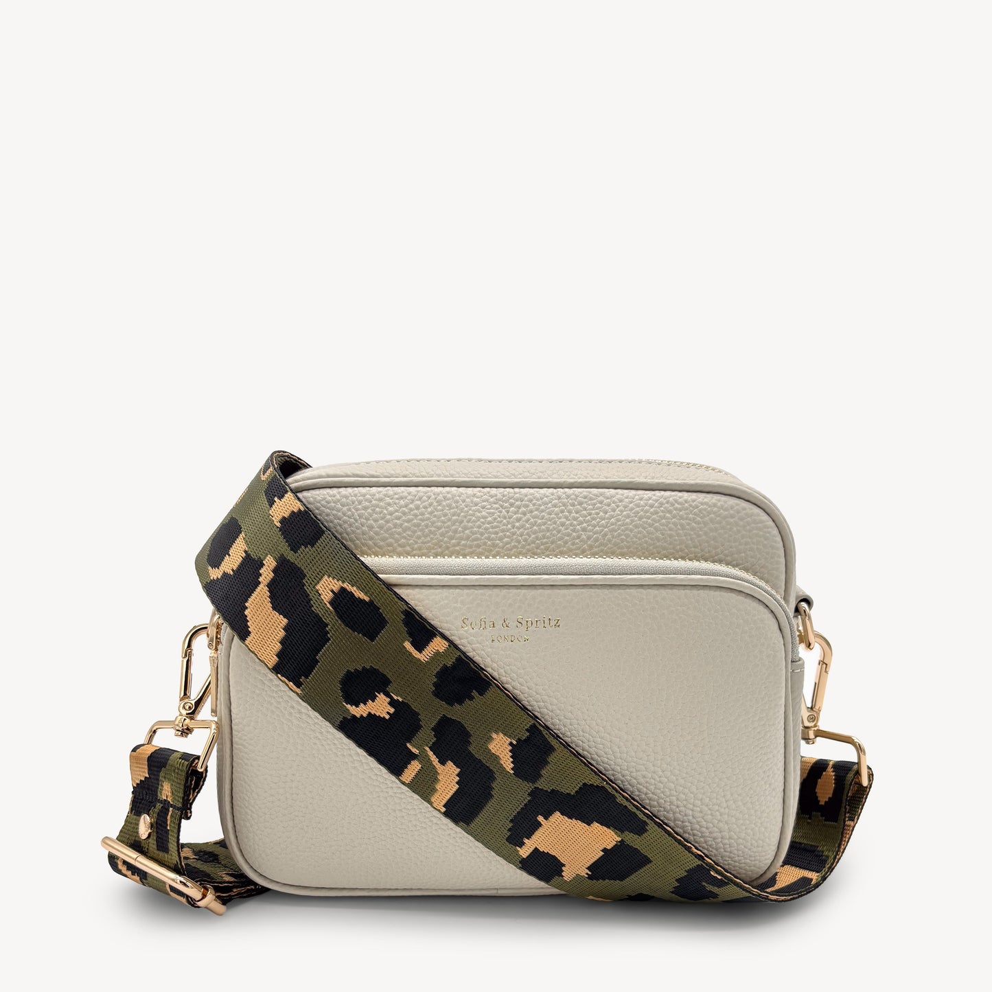Correa de lujo verde oliva y dorada con estampado de leopardo