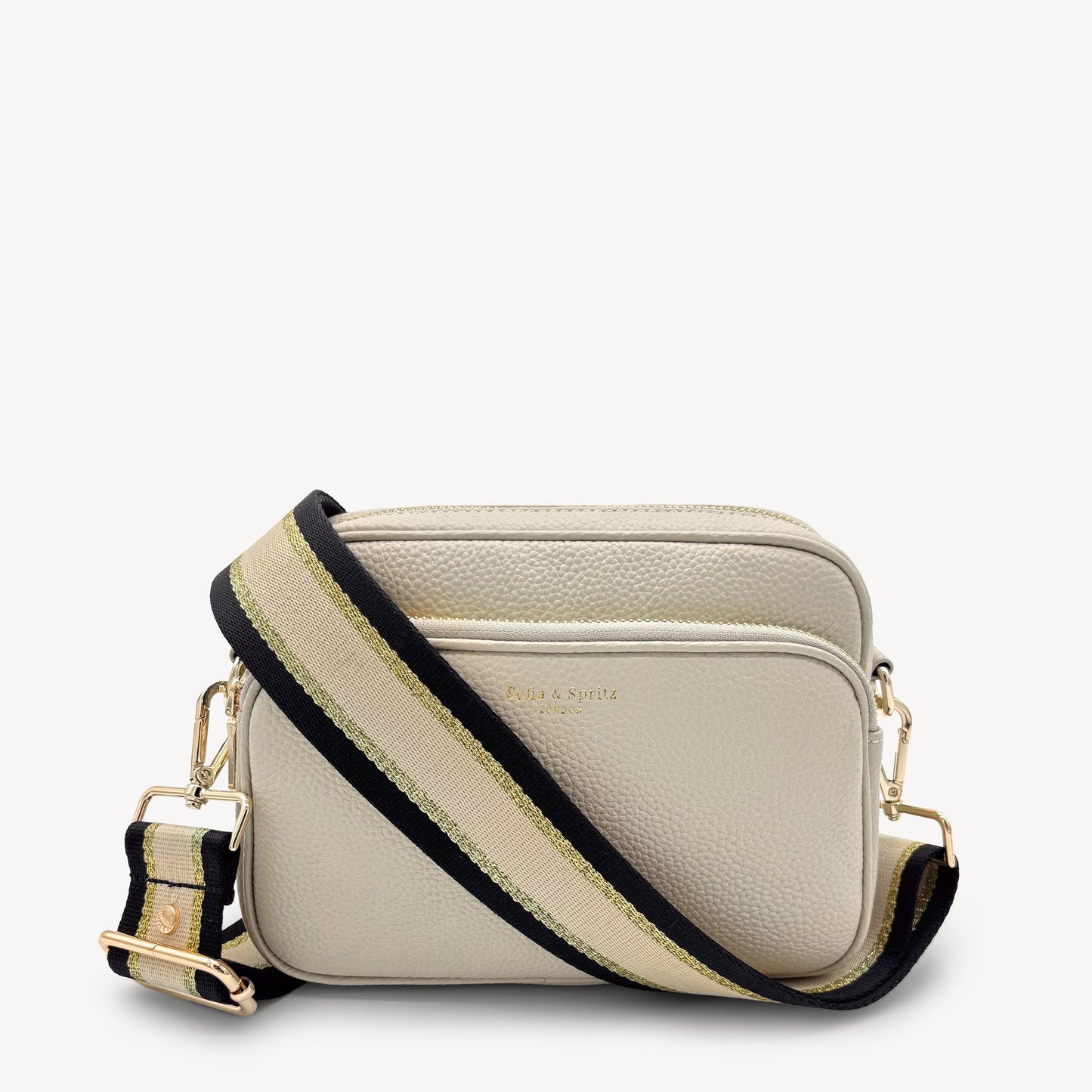 Correa elegante de rayas negras, beige y doradas