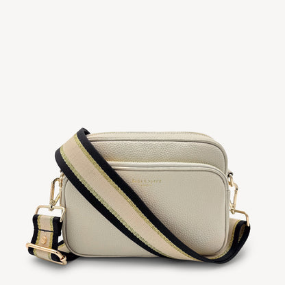 Correa elegante de rayas negras, beige y doradas