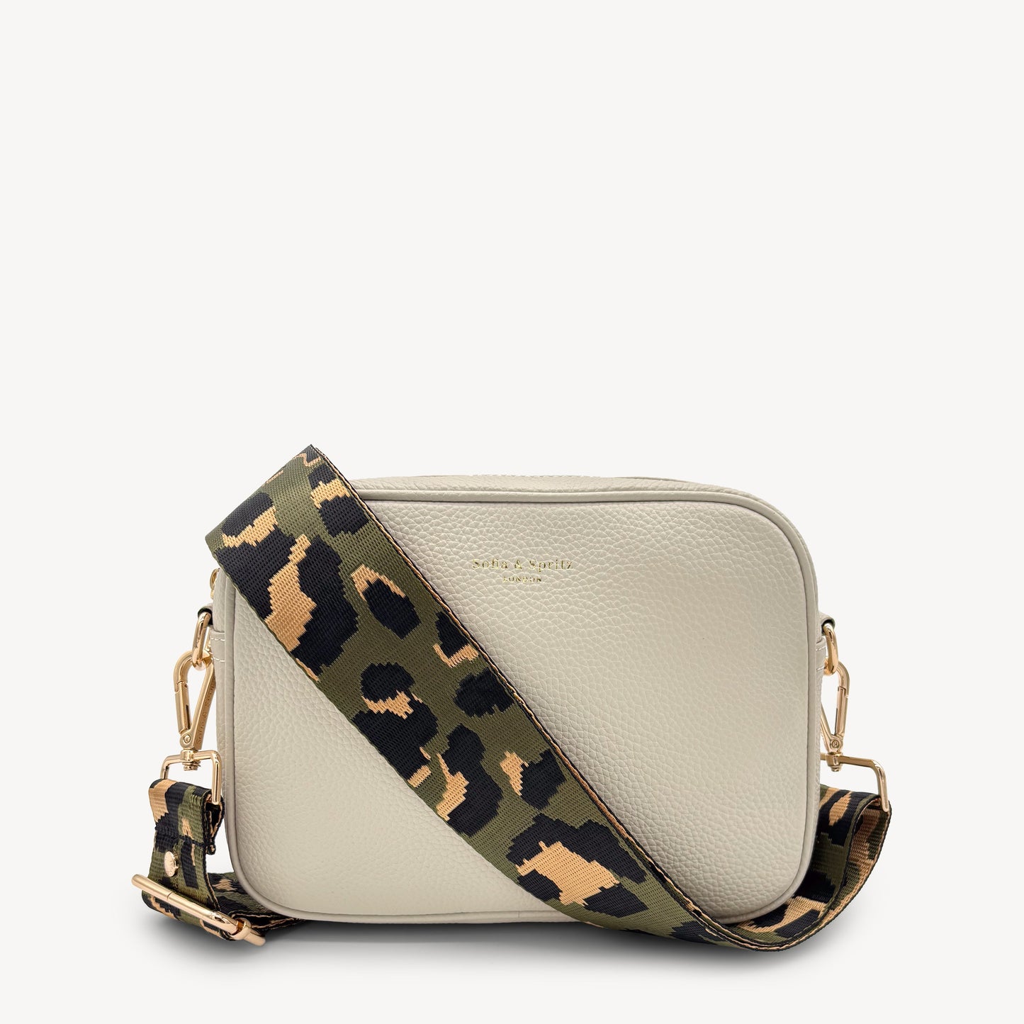 Correa de lujo verde oliva y dorada con estampado de leopardo