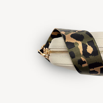 Correa de lujo verde oliva y dorada con estampado de leopardo