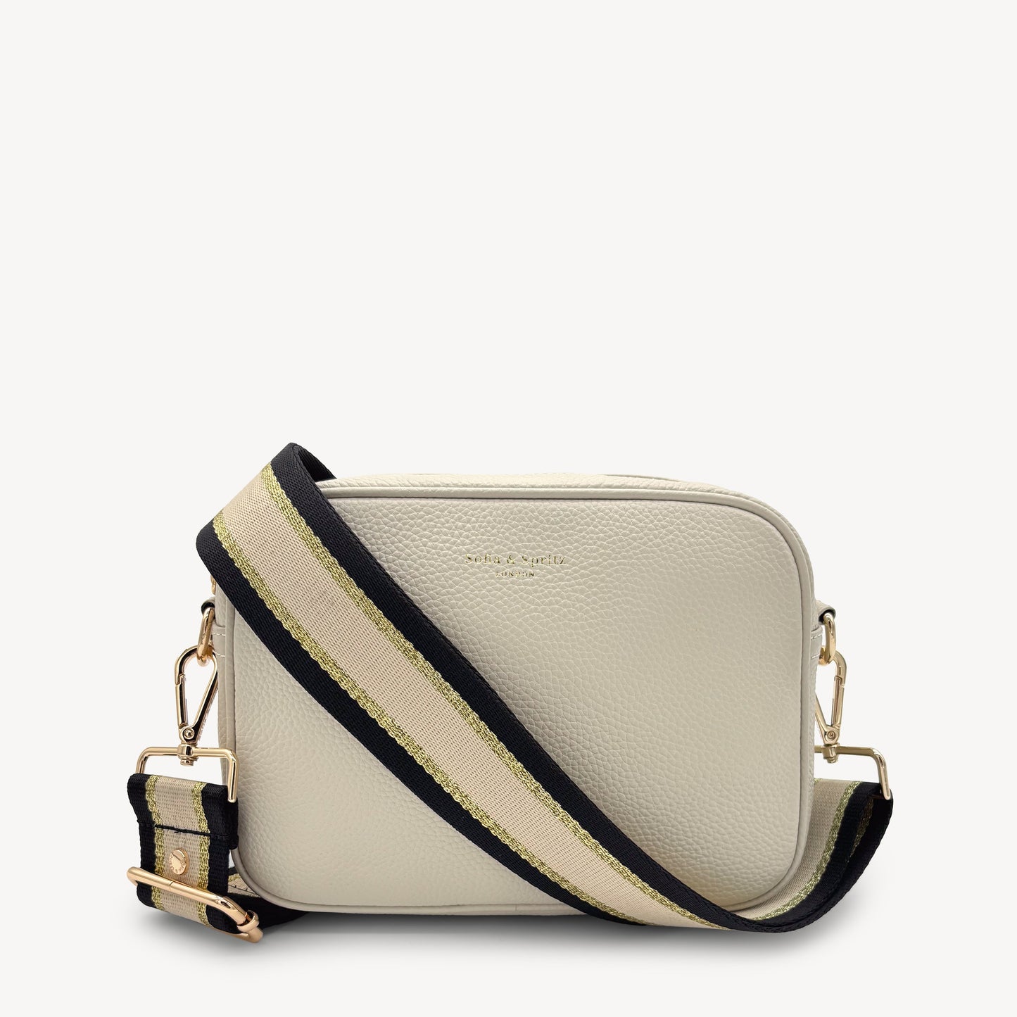Correa elegante de rayas negras, beige y doradas