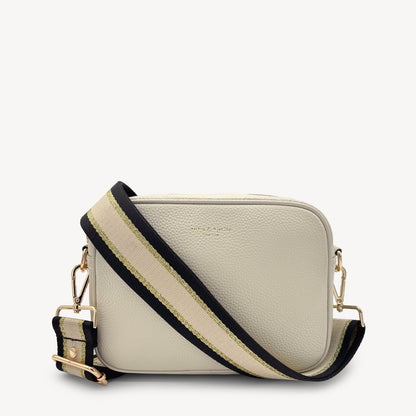 Correa elegante de rayas negras, beige y doradas