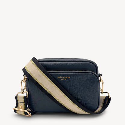 Correa elegante de rayas negras, beige y doradas