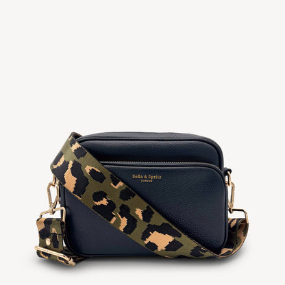Correa de lujo verde oliva y dorada con estampado de leopardo