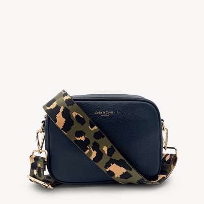 Correa de lujo verde oliva y dorada con estampado de leopardo