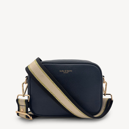 Correa elegante de rayas negras, beige y doradas