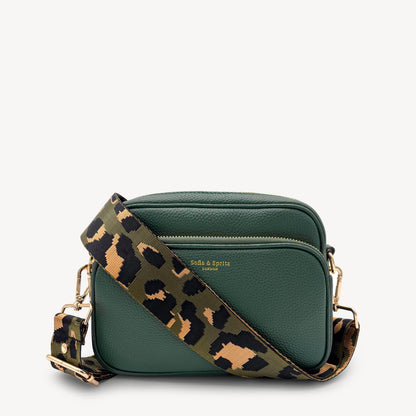 Correa de lujo verde oliva y dorada con estampado de leopardo