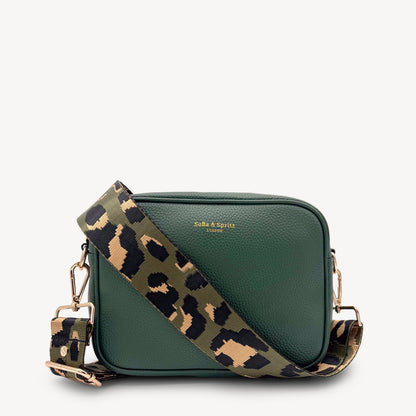 Correa de lujo verde oliva y dorada con estampado de leopardo