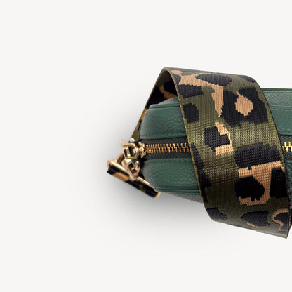 Correa de lujo verde oliva y dorada con estampado de leopardo