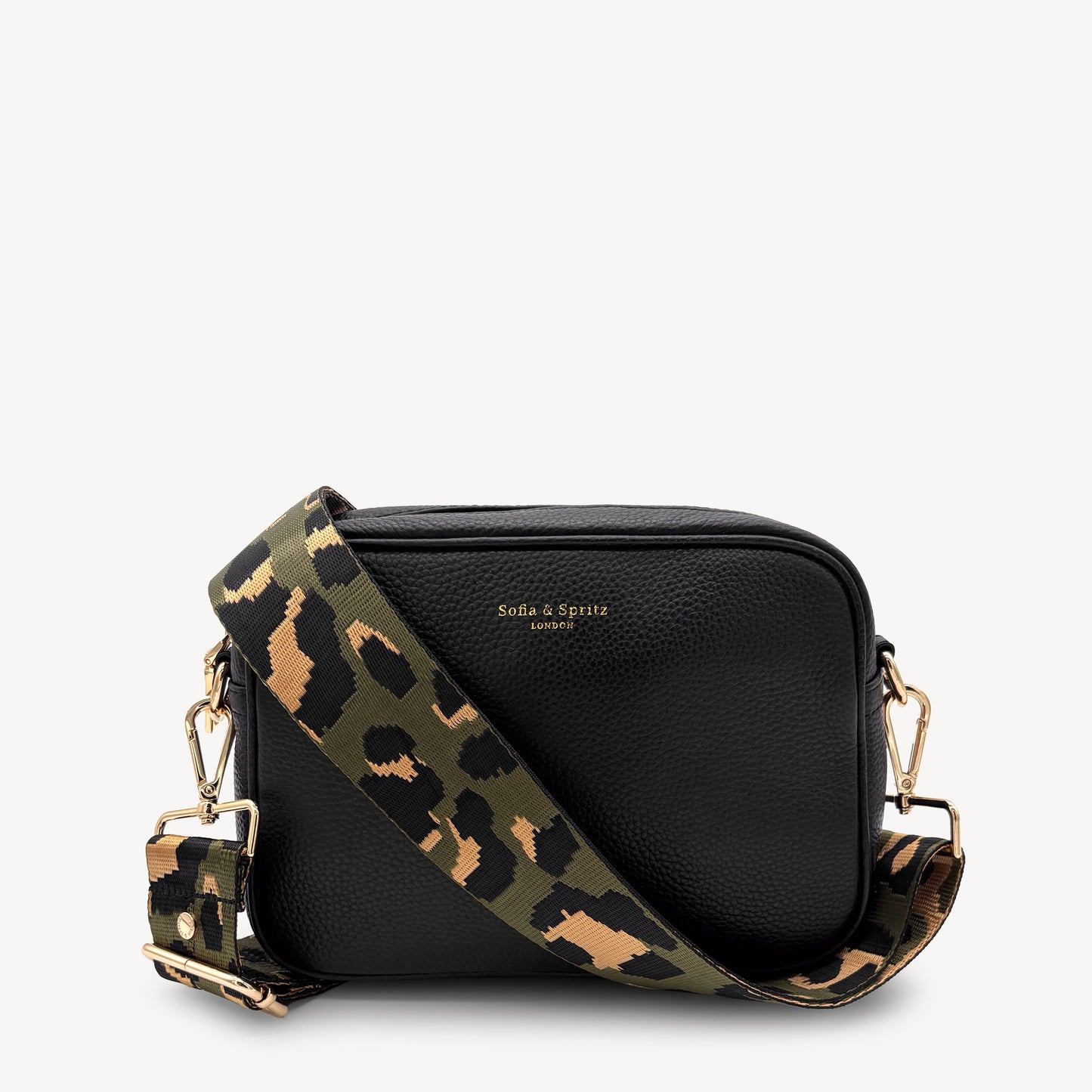 Correa de lujo verde oliva y dorada con estampado de leopardo