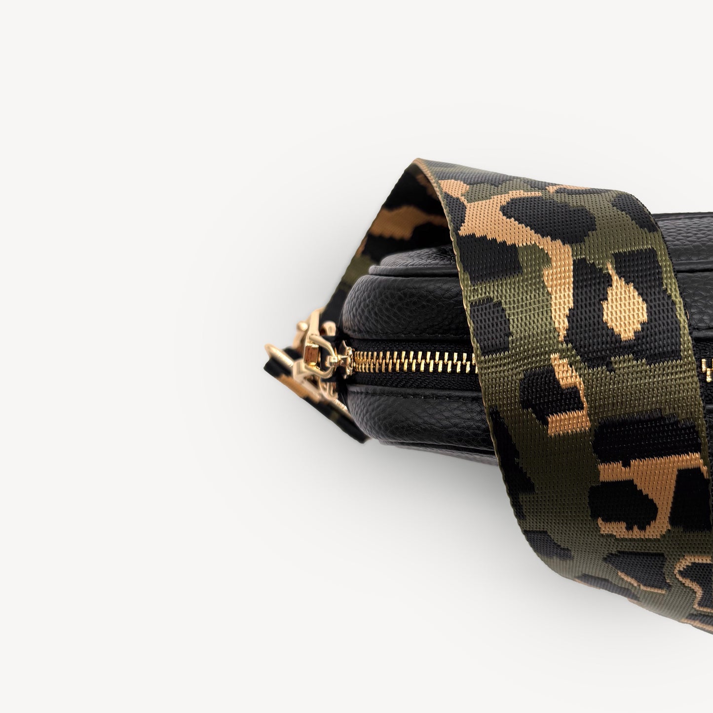 Correa de lujo verde oliva y dorada con estampado de leopardo